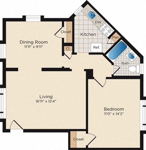 a floor plan of a house with a kitchen and a living room